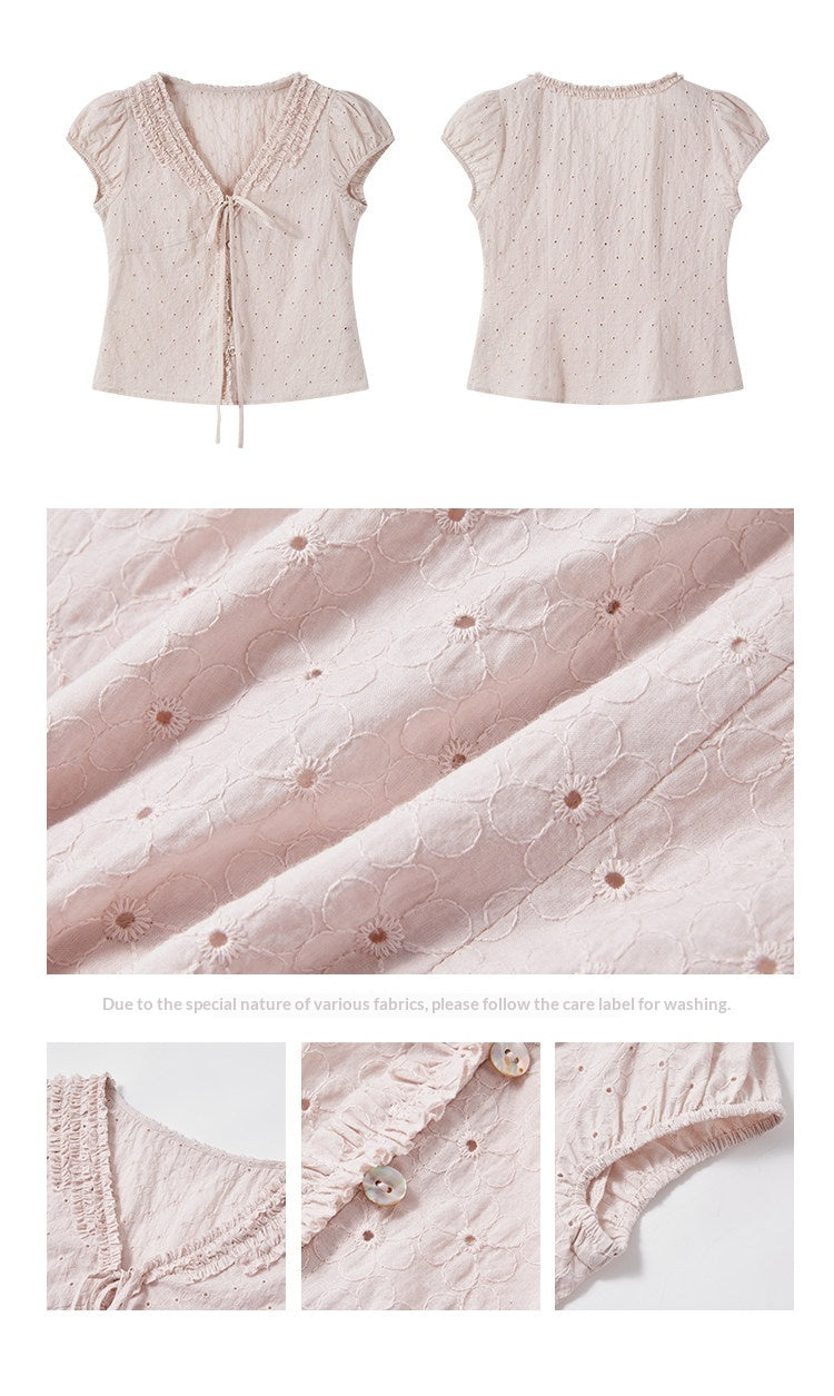 "Blush Sweetheart" Embroidered Puff Sleeve Blouse