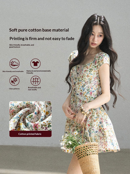 "Bloom in Full Glory" Dutch Cream Floral Puff Mini Dress