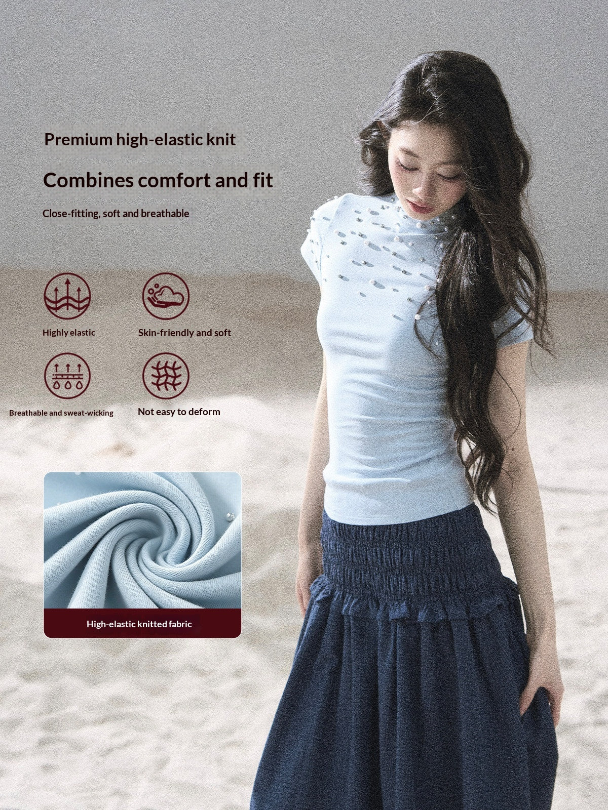 "Scattered Across the Milky Way" Pearl Beaded Knit T-Shirt (Haze Blue/ Sage Gray)