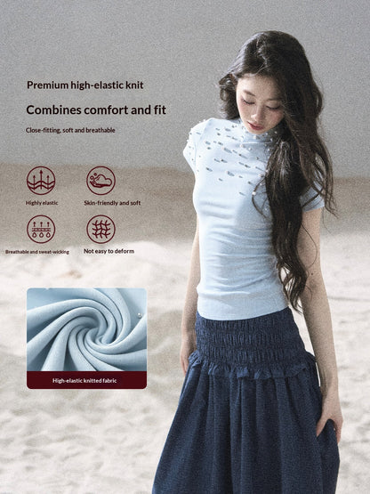 "Scattered Across the Milky Way" Pearl Beaded Knit T-Shirt (Haze Blue/ Sage Gray)