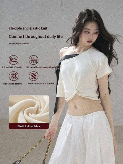 "Moonlight Upon Her" Creamy Apricot Off-Shoulder Twist Cropped T-Shirt