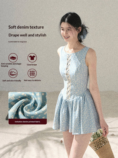 "Sage Summer" Haze Blue Lace Floral Puff Mini Dress