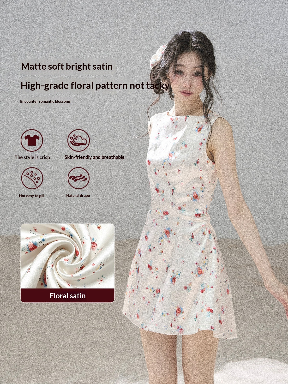 "Where Every Bloom Begins" Dutch Cream Floral Satin Puff Mini Dress (With Matching Scrunchie)