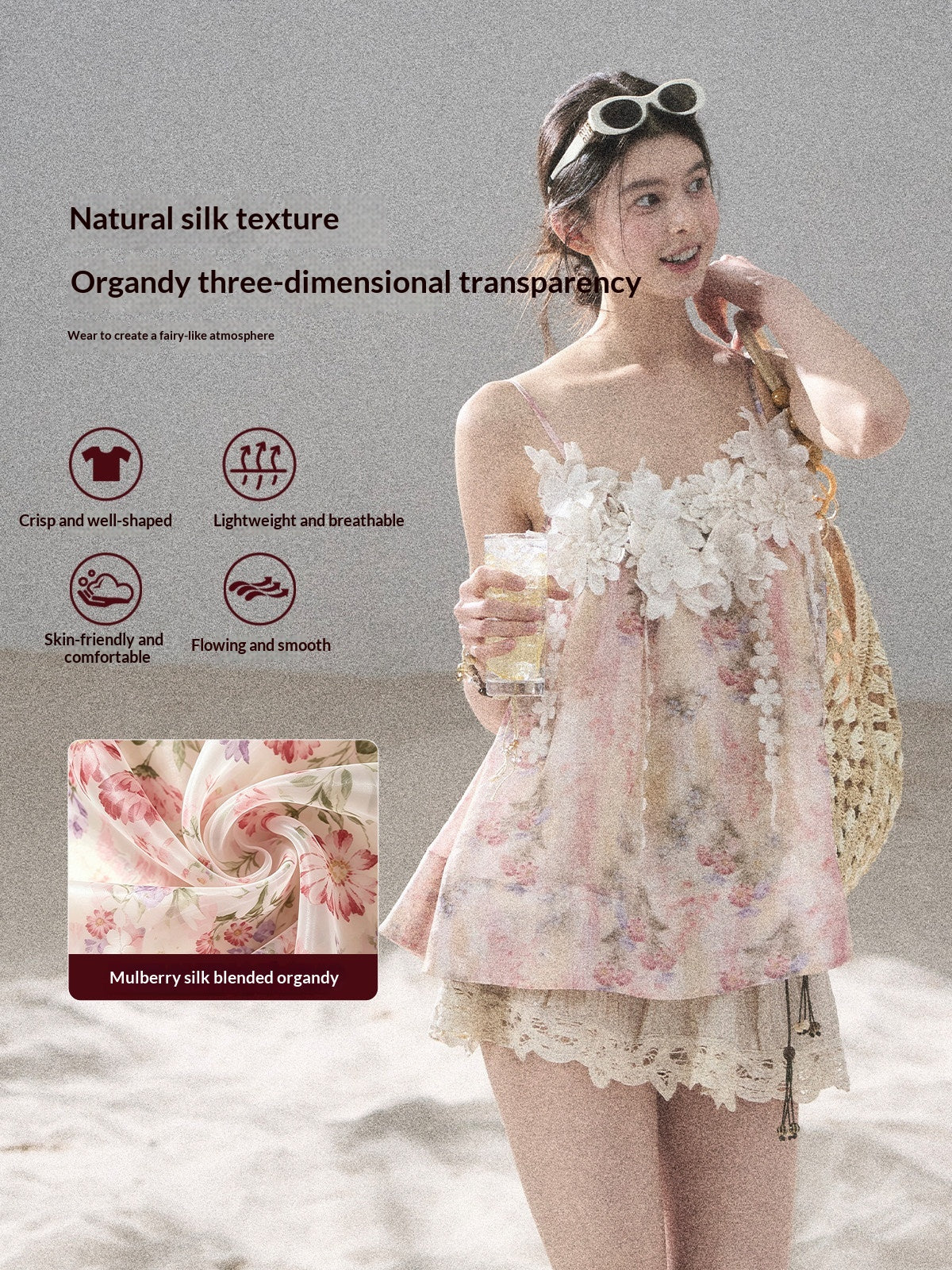"Unscripted Romance" Dried Rose Embroidered Floral Cami Top