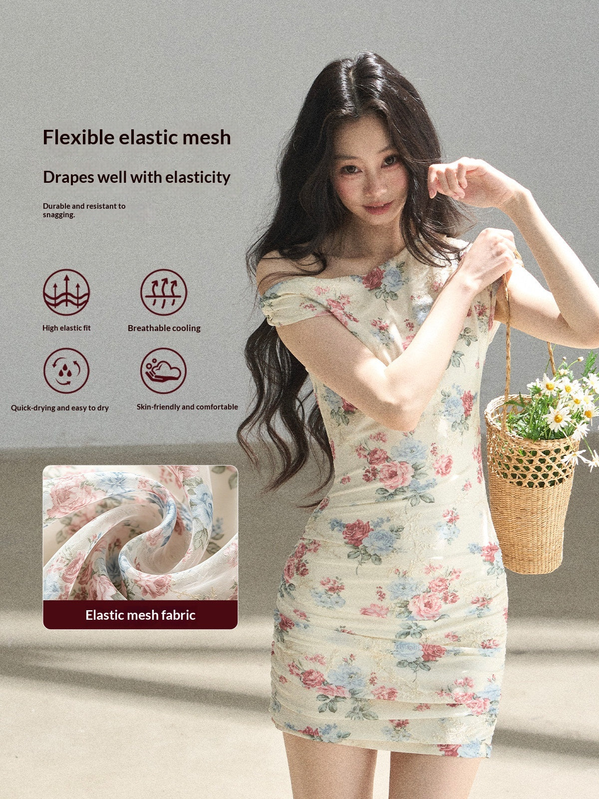 "Flowers & Sunlight" Dutch Cream Off-Shoulder Mesh Bodycon Mini Dress