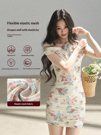 "Flowers & Sunlight" Dutch Cream Off-Shoulder Mesh Bodycon Mini Dress