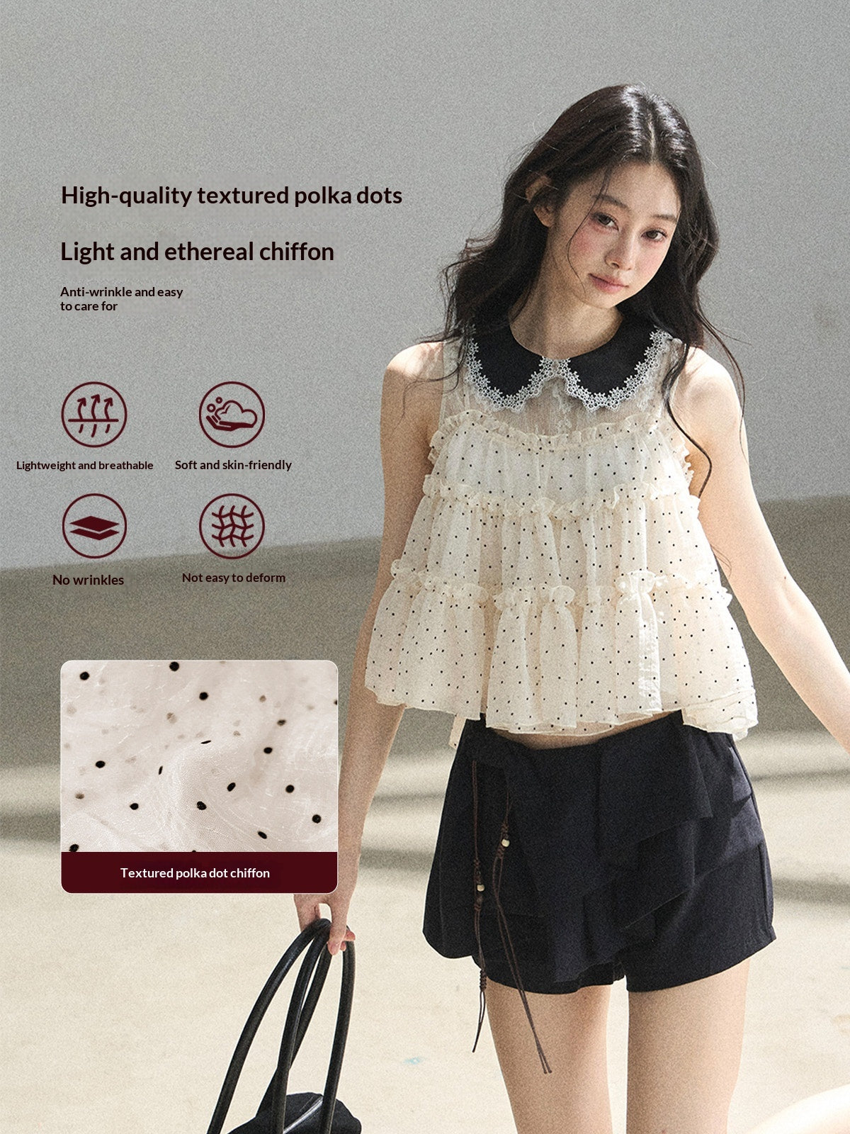 "A Dream Like Foam" French Polka Dot Chiffon Babydoll Blouse
