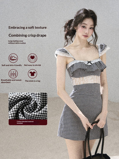"Her in the Old Film" French Lace Plaid A-Line Mini Dress