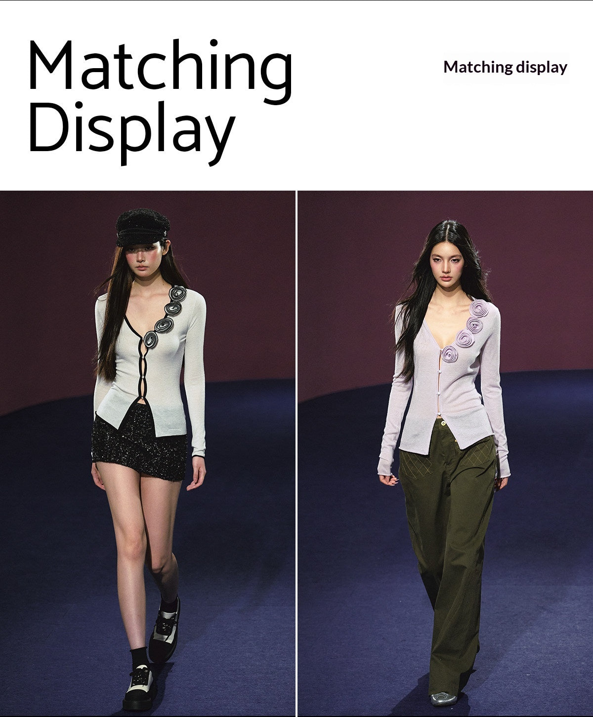 3D Rose Contrast V-Neck Shimmer Knit Cardigan (White/ Light Lavender)