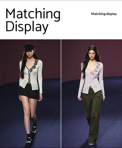 3D Rose Contrast V-Neck Shimmer Knit Cardigan (White/ Light Lavender)