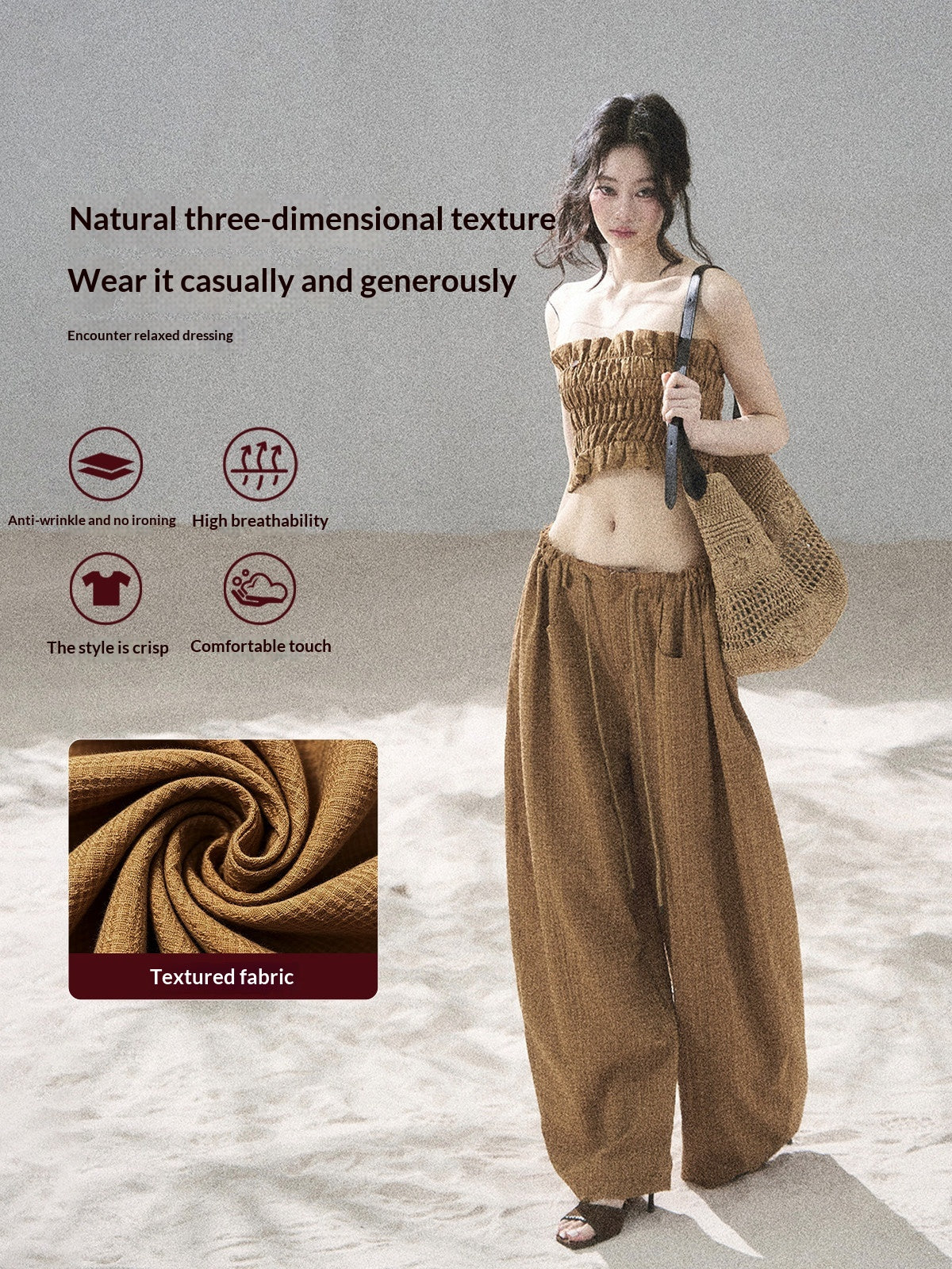 "Caramel Dusk" Ash Caramel Shirred Bandeau Top & Relaxed Pants Set
