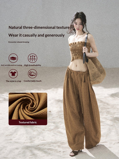 "Caramel Dusk" Ash Caramel Shirred Bandeau Top & Relaxed Pants Set
