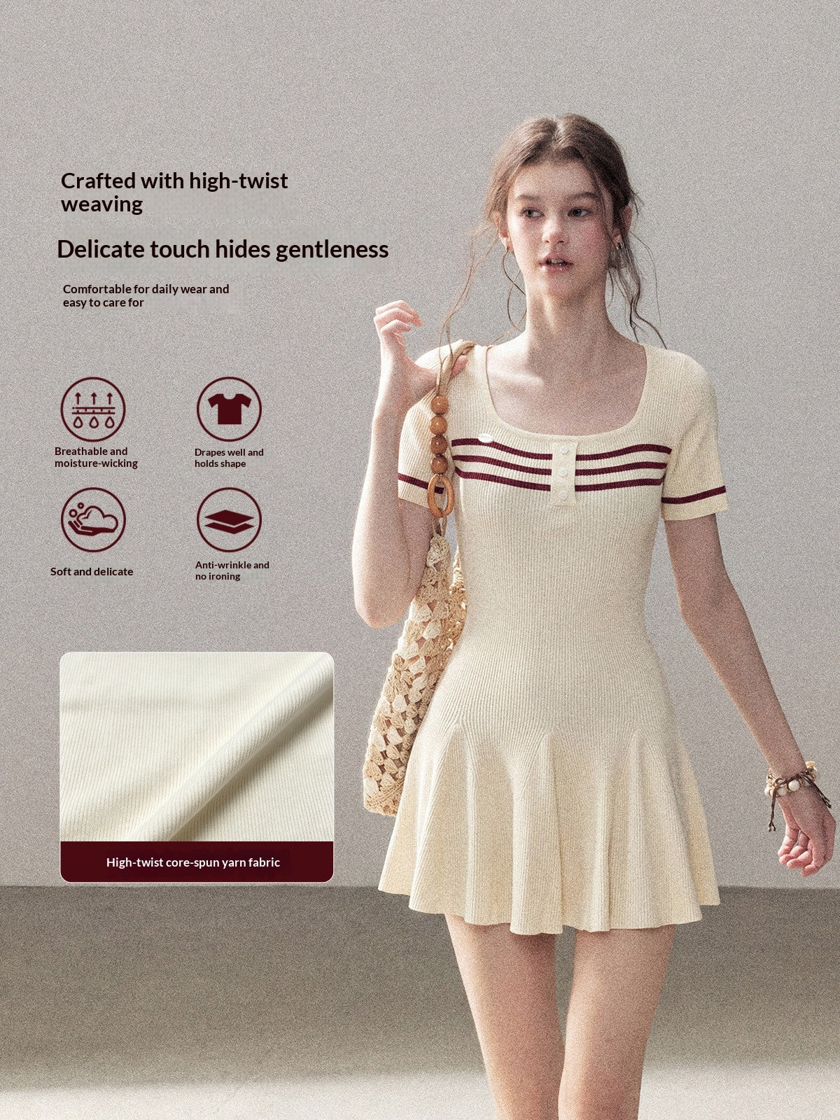 "First Date" Ivory Square Neck Knit Pleated Mini Dress