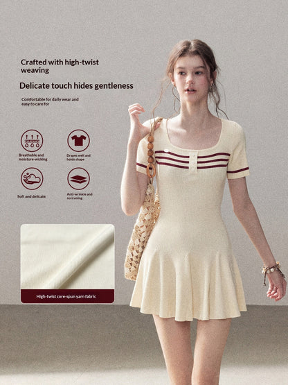 "First Date" Ivory Square Neck Knit Pleated Mini Dress
