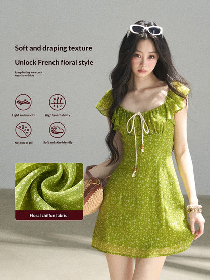 "Emerald Breeze" Primrose Green Floral Chiffon Mini Dress