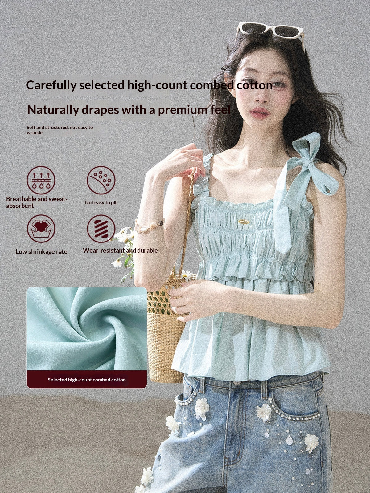 "Gentle Whisper" Glacier Blue Ruffle Peplum Cotton Top
