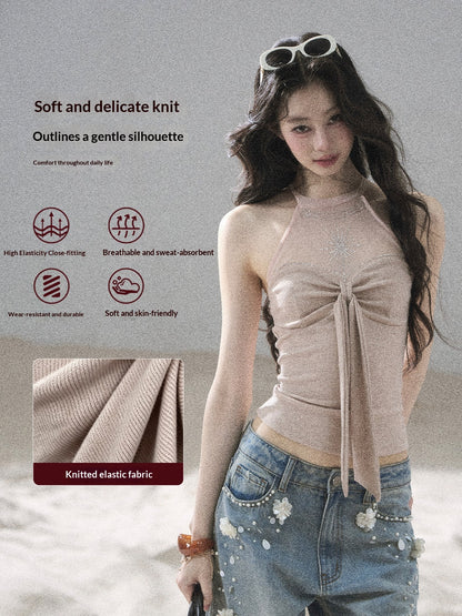 "Galaxy in Your Eyes" Milk Tea Halter Mesh Knit Top