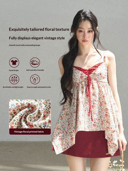 "Berry Petals" Dutch Cream Layered Floral Asymmetrical Peplum Top