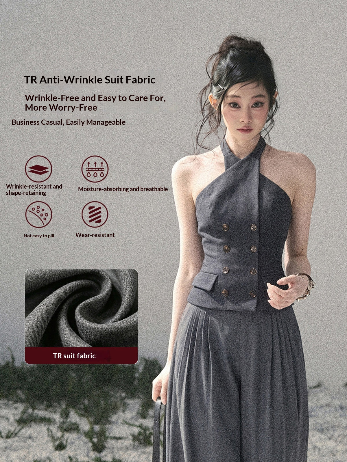 "The Unsent Letter" Deep Slate Gray Halter Tailored Top