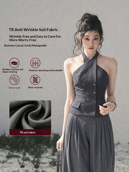 "The Unsent Letter" Deep Slate Gray Halter Tailored Top