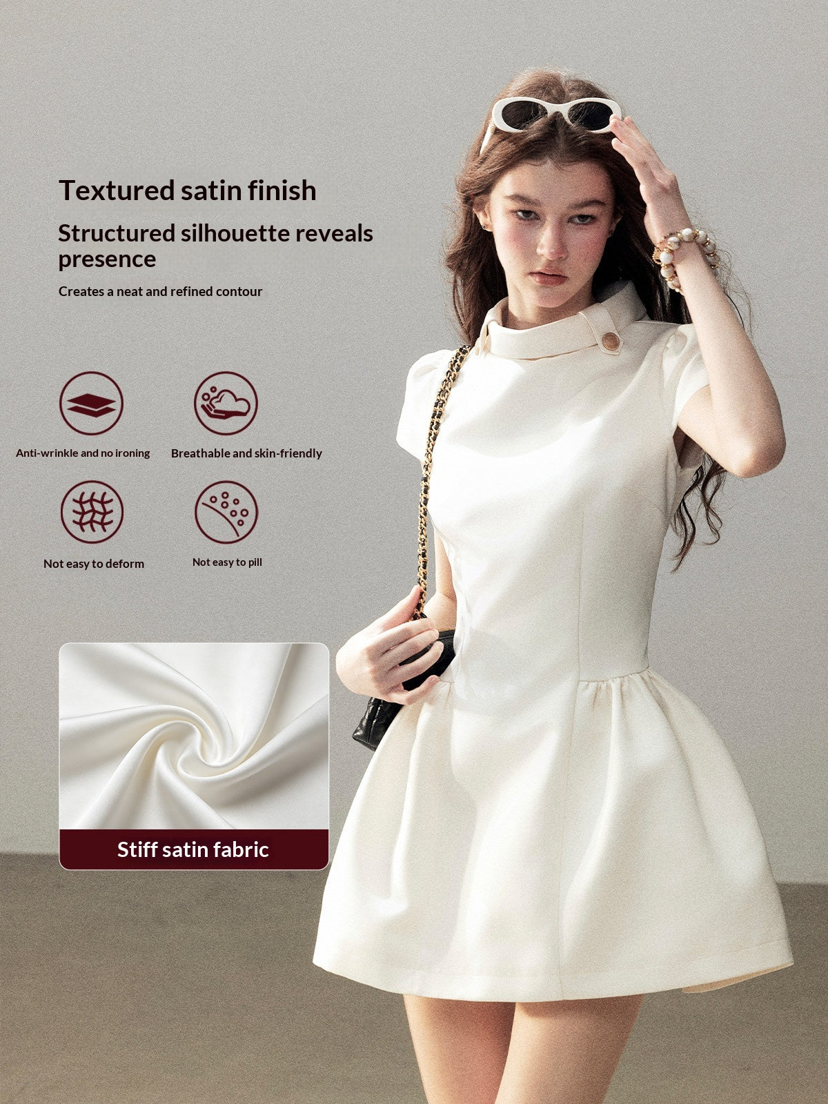 "Light Above the Clouds" Cream Ivory Satin Fit & Flare Mini Dress