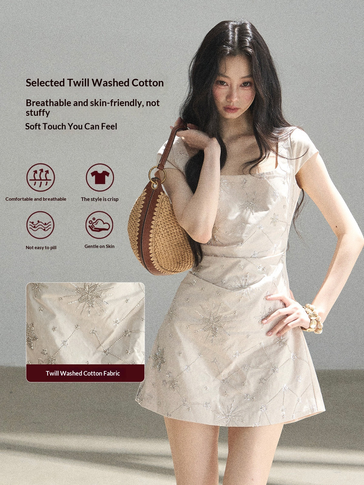 "Summer in Slow Motion" Mother-of-Pearl Star Beaded Fit & Flare Mini Dress