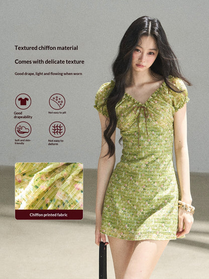 "Breath of the Forest" Misty Sage Embroidered Chiffon Mini Dress