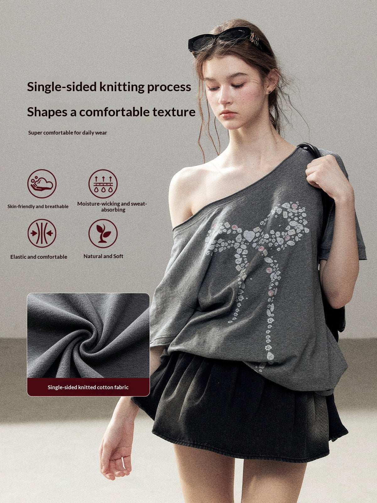 "Muted Shades of Gray" Silver Mouse Gray Off-Shoulder Tee