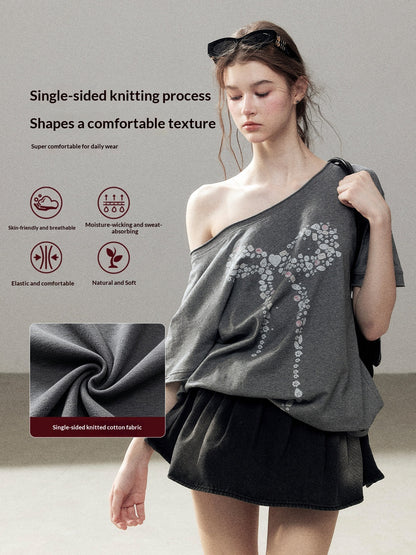"Muted Shades of Gray" Silver Mouse Gray Off-Shoulder Tee