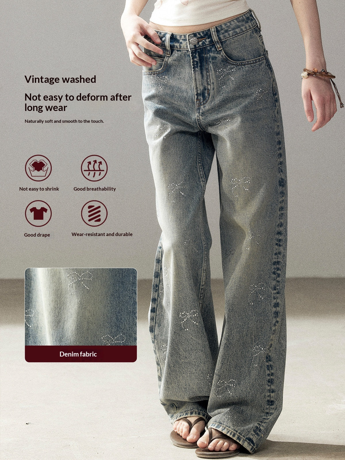 "Passing By the Sea" Vintage Blue Rhinestone Bow Wide-Leg Jeans