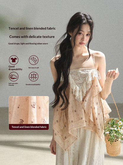 "Orange-Scented Dusk" Toasted Rice Beige Asymmetrical Lace Cami