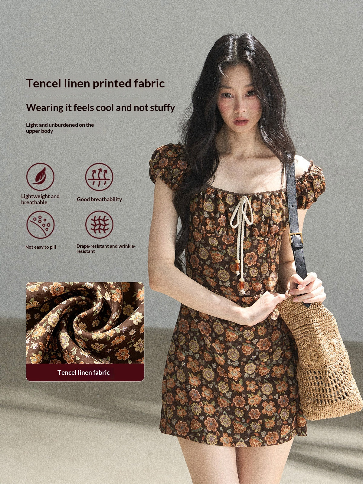 "Wildflowers & Freedom" Mocha Mousse Floral Puff Sleeve Mini Dress