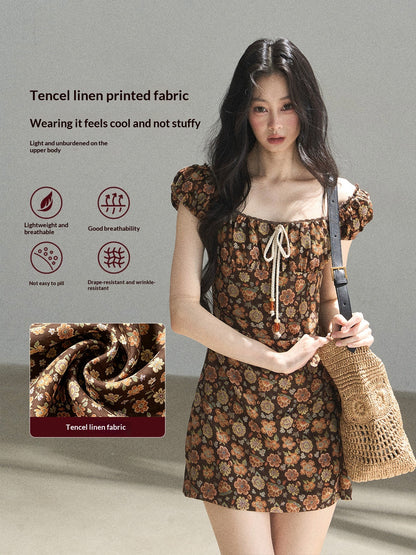 "Wildflowers & Freedom" Mocha Mousse Floral Puff Sleeve Mini Dress