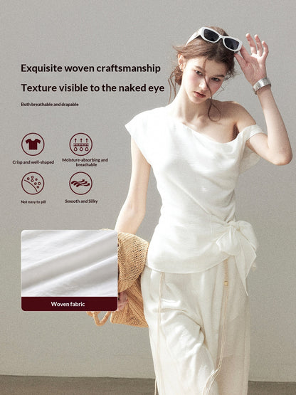"Her Moonlight" Camellia White Off-Shoulder Top & Wide-Leg Pants Set
