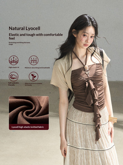 "In the Evening Breeze" Chestnut Brown Halter Ruched Top & Milk Tea Shrug Set