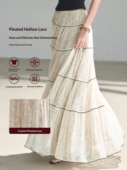 "Mist Through the Woods" Creamy Apricot White Lace Maxi A-Line Skirt