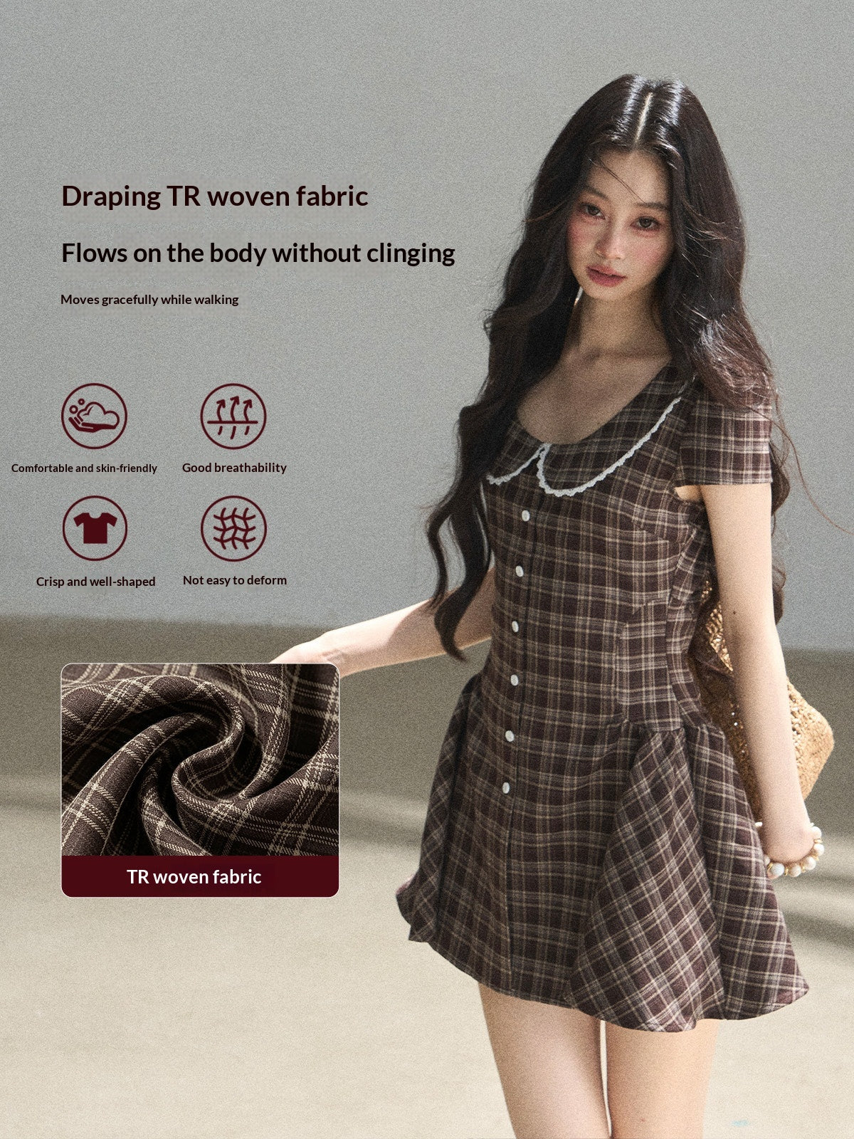 "The Camphor Tree in Late May" Chestnut Brown Plaid Peter Pan Collar Babydoll Mini Dress