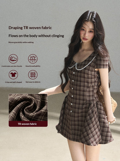 "The Camphor Tree in Late May" Chestnut Brown Plaid Peter Pan Collar Babydoll Mini Dress