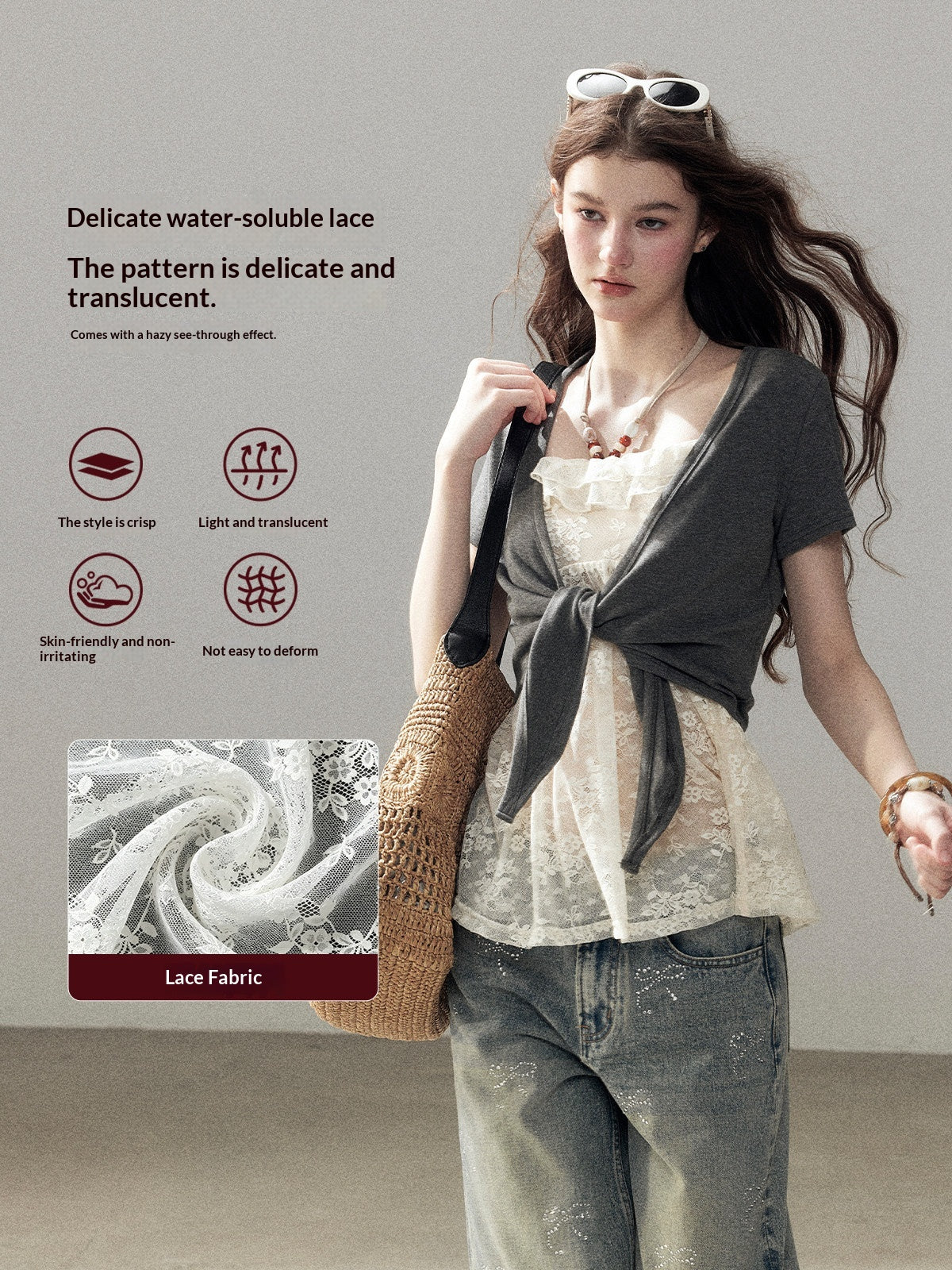 "Beyond the Morning Mist" Dutch Cream Lace Cami & Silver Mouse Gray Sheer Cardigan Set