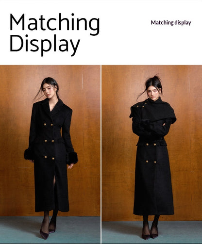 "Manor Elegance" Detachable Faux Fur Wool Coat & Knit Scarf Set