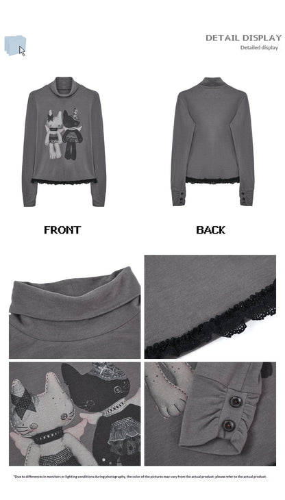 "Forgotten Corner" Mock Neck Gray Base Layer Top & Black Gray Plaid Skirt Set