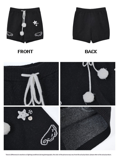 Angel Wing Details Printed Oversized Knit Hoodie & Shorts Set