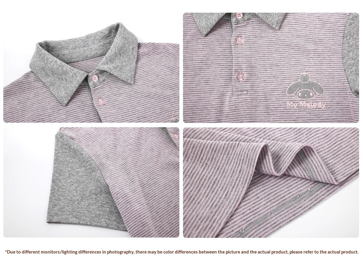Contrast Stripe Light Gray Pink Polo Collar Short Sleeve Top / Shorts