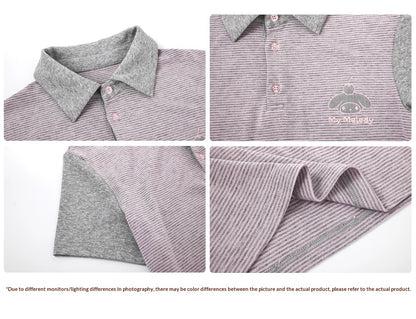 Contrast Stripe Light Gray Pink Polo Collar Short Sleeve Top / Shorts