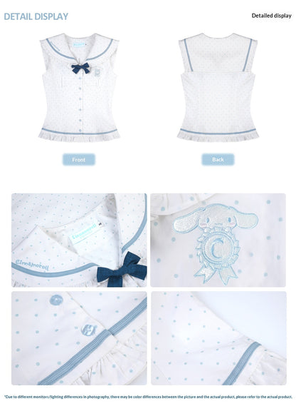 Sleeveless Polka Dot Sailor Collar Shirt & Light Blue Contrast-Trim Skirt