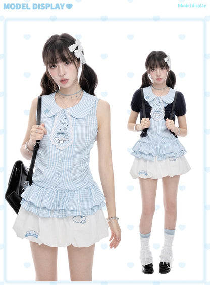 Two Ways to Wear! Cinnamoroll Cropped Cardigan / Round-Neck Blouse / Bubble Skort