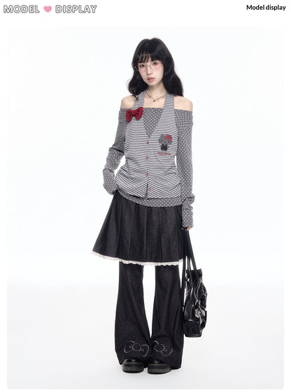 170726K "Midnight Polka" Gray Layered Long Sleeve Collection (Cold Shoulder Top / Fake Two-Piece Skirt Pants)