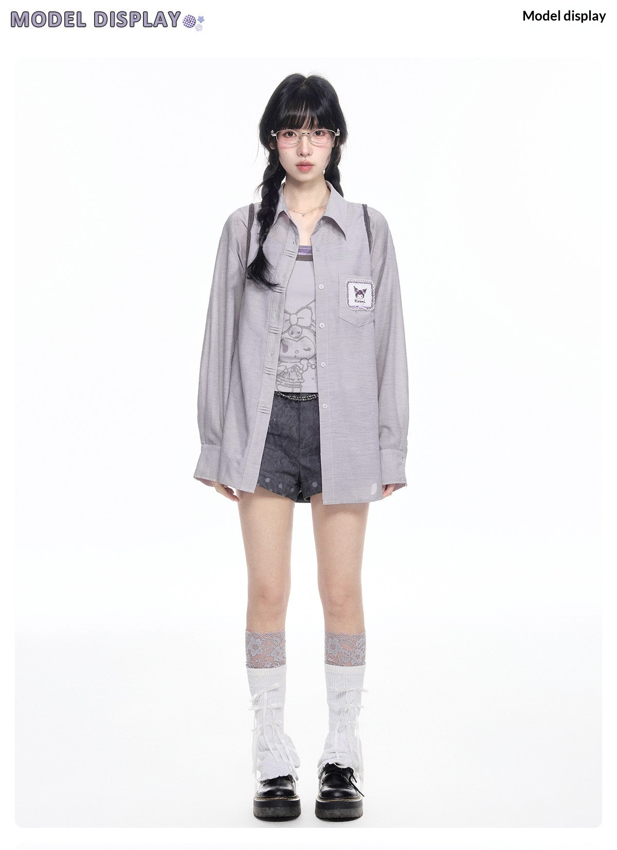 170726K "Campus Icons" Gray Purple Relaxed Polo Overshirt (Kuromi / My Melody / Cinnamoroll)