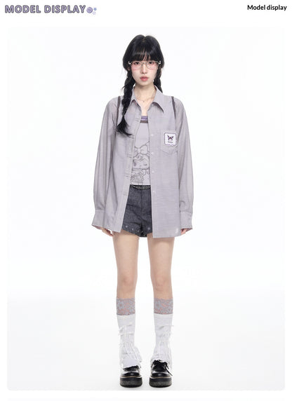 170726K "Campus Icons" Gray Purple Relaxed Polo Overshirt (Kuromi / My Melody / Cinnamoroll)