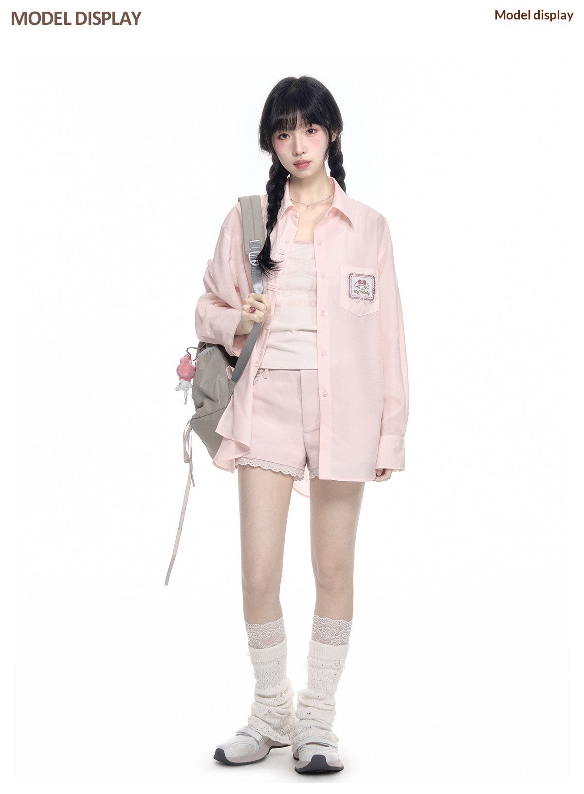 170726K "Campus Icons" Gray Purple Relaxed Polo Overshirt (Kuromi / My Melody / Cinnamoroll)
